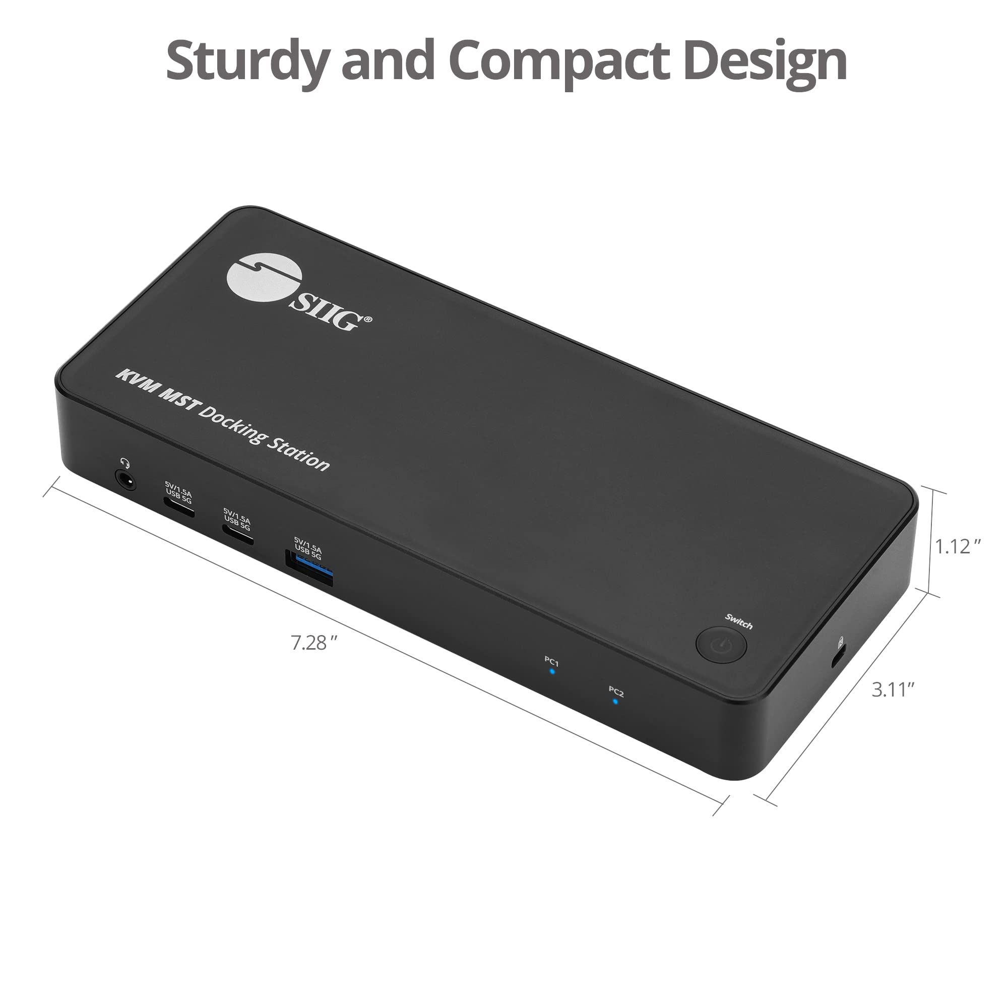 SIIG 2-Port USB-C KVM Docking Station with PD 65W, for 2 Monitors 2 Computers, MST Technology, 1x HDMI 1x DisplayPort, Gigabit Ethernet, Headset Jack (CE-DK0111-S1)