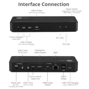 SIIG 2-Port USB-C KVM Docking Station with PD 65W, for 2 Monitors 2 Computers, MST Technology, 1x HDMI 1x DisplayPort, Gigabit Ethernet, Headset Jack (CE-DK0111-S1)