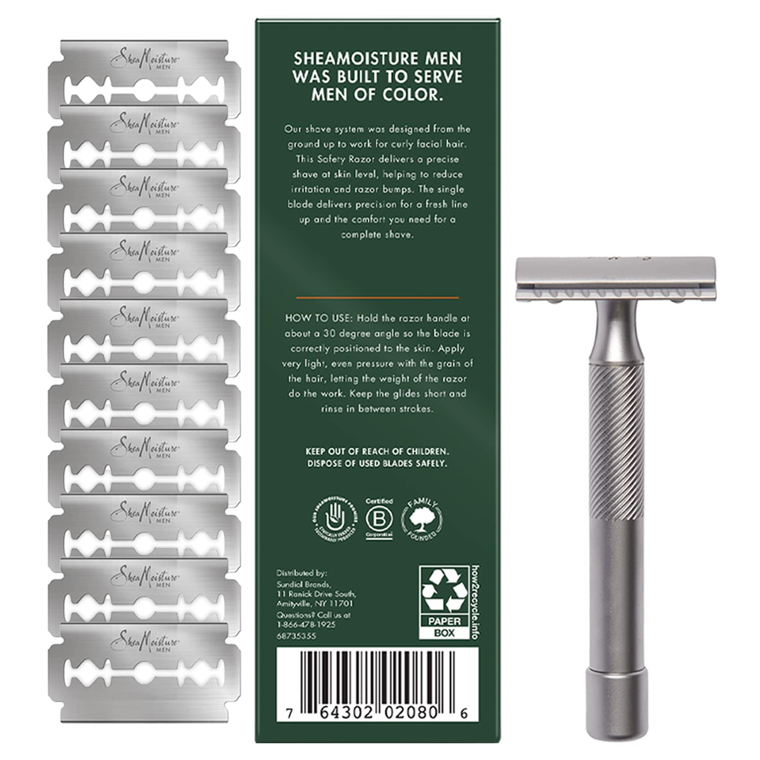 Shea Moisture Men, Double Edge Safety Razor with 10 Refill Double Edge Razor Blades for Men, Platinum Coated, Stainless Steel, Dad Gifts, 1 Razor Handle & 10 Razor Blades per Box