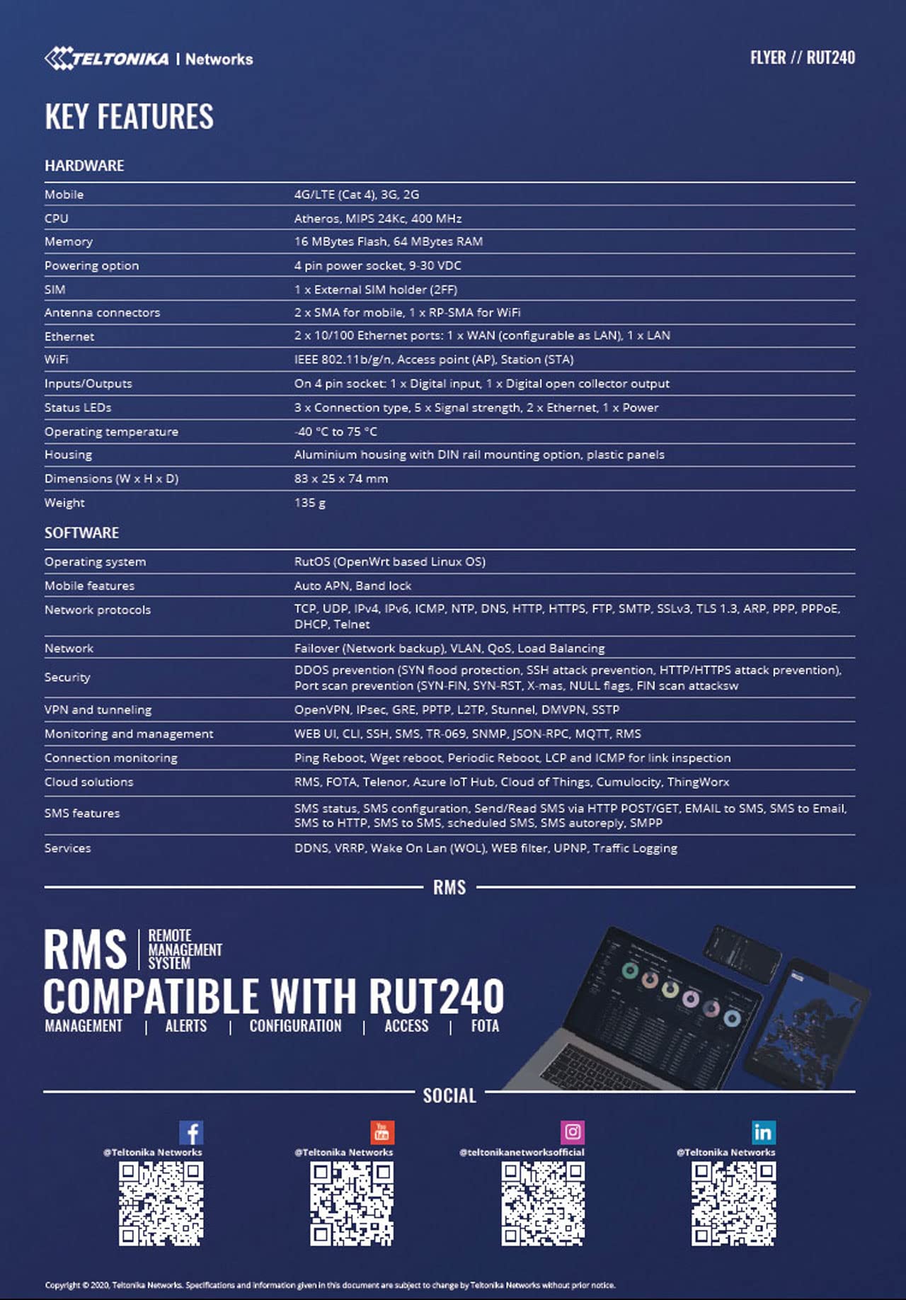 Teltonika RUT24001U000 - RUT240 LTE CAT4 Router (USA/Canada Carriers Excepte Verizon) with AC Adapter