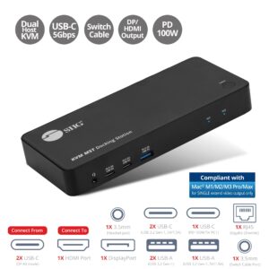 SIIG 2-Port USB-C KVM Docking Station with PD 65W, for 2 Monitors 2 Computers, MST Technology, 1x HDMI 1x DisplayPort, Gigabit Ethernet, Headset Jack (CE-DK0111-S1)