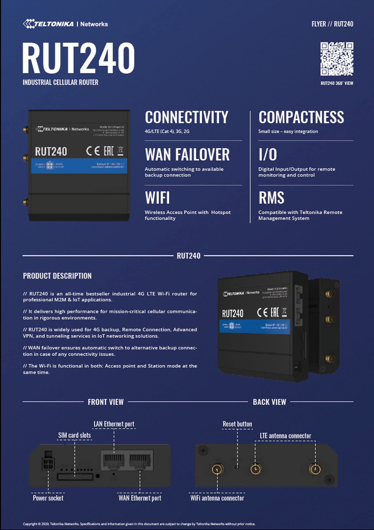 Teltonika RUT24001U000 - RUT240 LTE CAT4 Router (USA/Canada Carriers Excepte Verizon) with AC Adapter