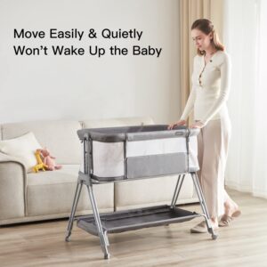 Baby Bassinet Bedside Sleeper, Portable Bedside Bassinet for Baby Travel, Easy Folding 7 Height Adjustable Bedside Crib with Mosquito Net and Carry Bag (Light Grey)