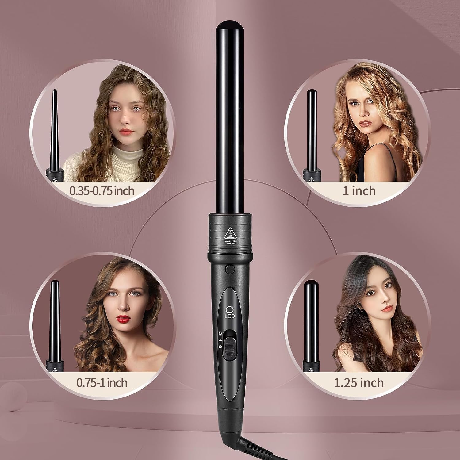 5 In 1 Curling Wand Set, Curling Iron Interchangeable Ceramic Barrels (0.35-1.25 Inch), Heating Hair Curler Kit with Protective Glove & 2 Clips Ceramic Coated for All Hair Types, Gift for Girls, Women