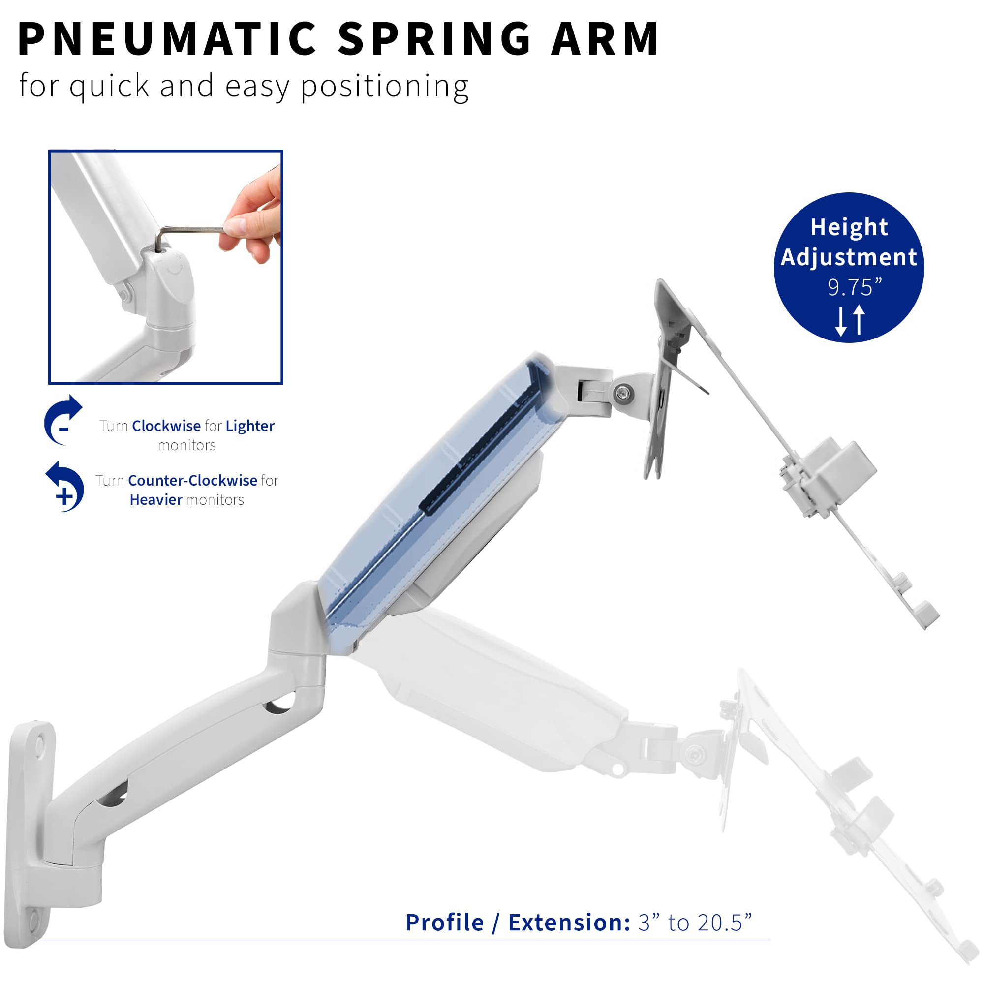 VIVO Height Adjustable Pneumatic Extended Arm Laptop Wall Mount, Full Motion Articulating Notebook Tray, Fits 10 to 15.6 inch Screen, White, MOUNT-V001GLW