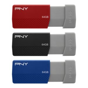 PNY USB 3.0 Flash Drives, 64GB, Assorted Colors, Pack Of 3 Drives