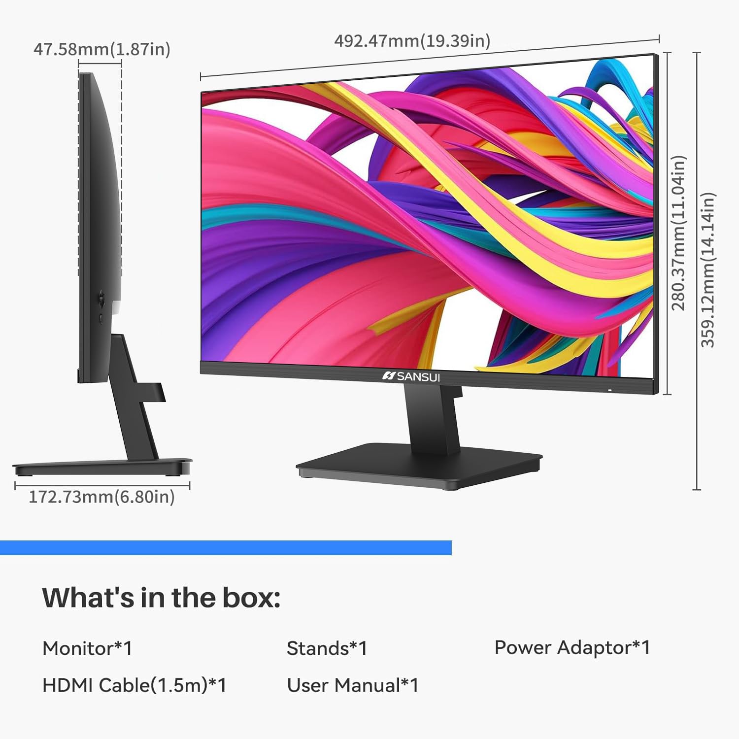 SANSUI Monitor 22 inch IPS Panel 1080p FHD 75Hz Computer Monitor with HDMI VGA, Ultra-Slim Bezel Ergonomic Tilt Eye Care LED Display for Home Office (ES-22F1 HDMI Cable Included)