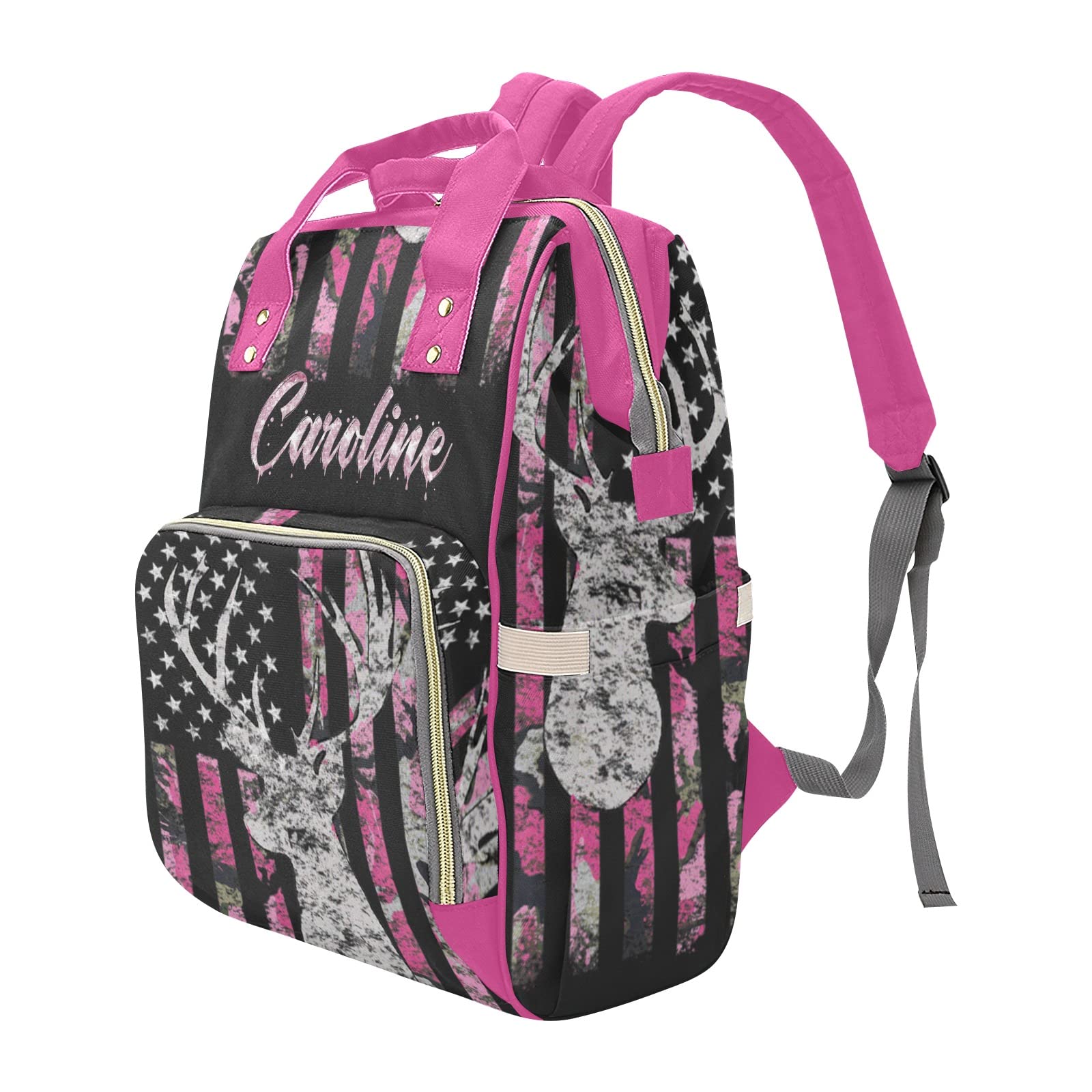 Custom Diaper Bag Backpack - Camo Flag Deer Pink Baby Girl Diaper Bag Backpack for Dad Boy Men with Name