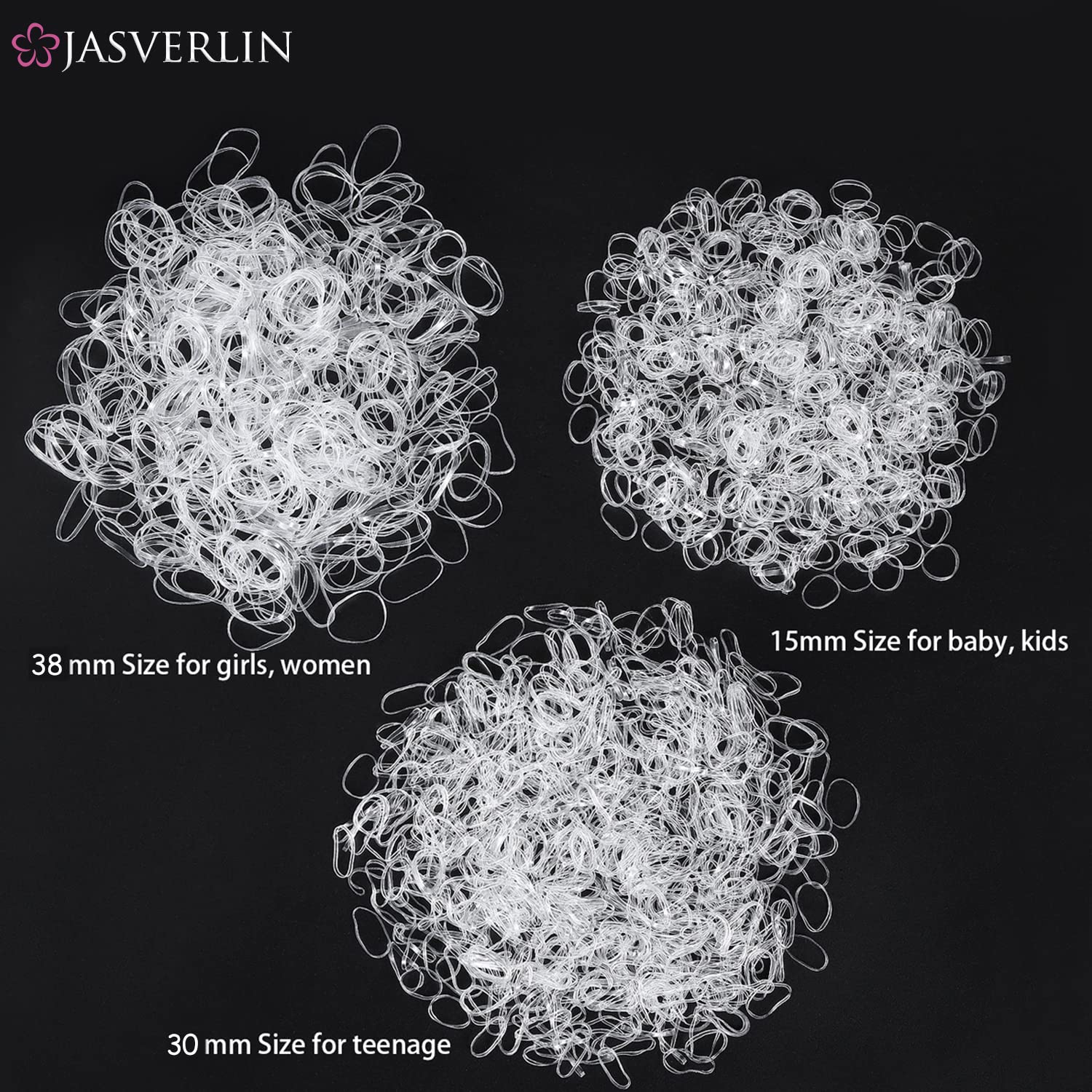 JASVERLIN Clear Hair Elastics Rubber Bands for Hair, Assorted Small Medium Large Variety Size Rubberbands Hair Ties Ponytail Holder Polybands for Toddler Girls Women Baby Mixed 2000pcs