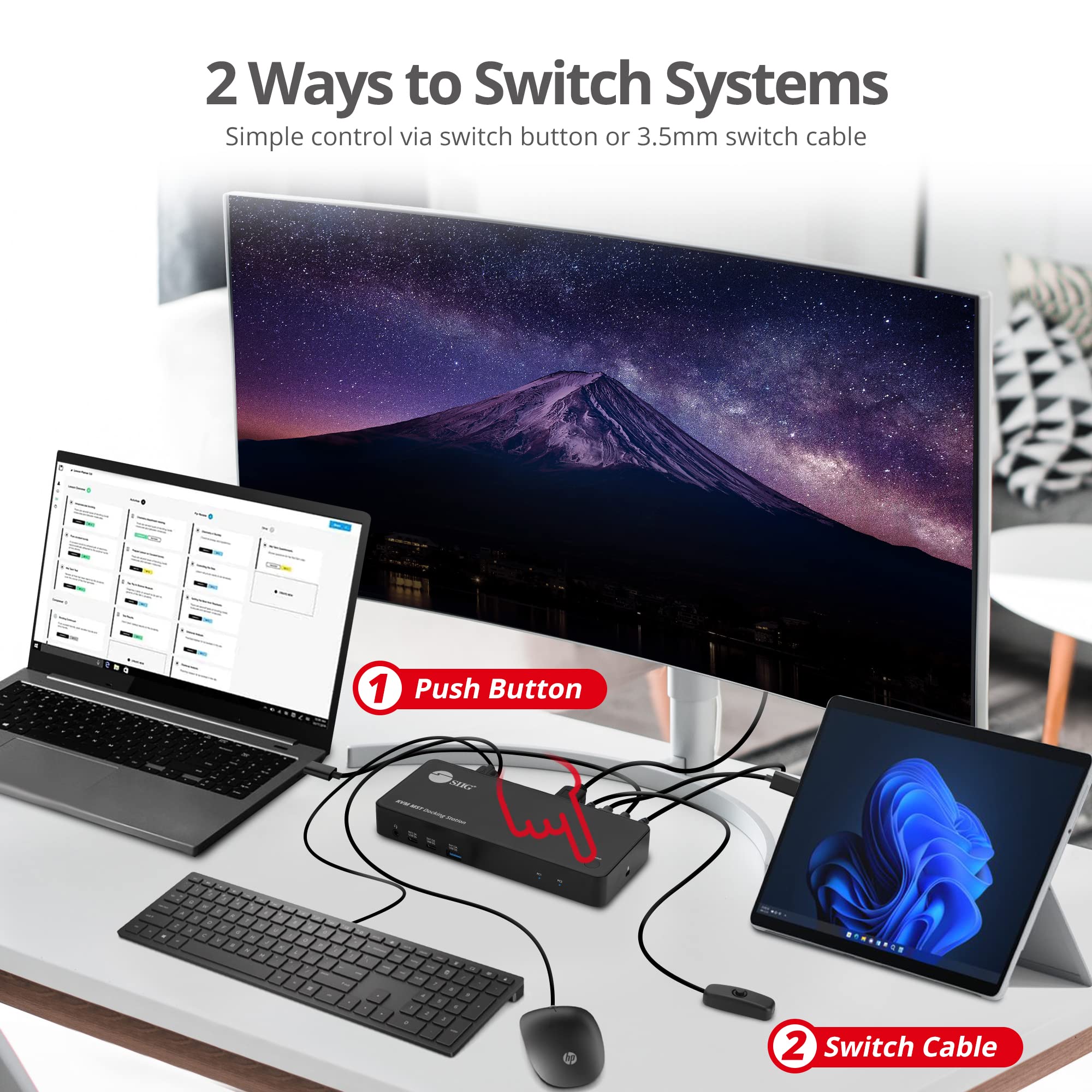 SIIG 2-Port USB-C KVM Docking Station with PD 65W, for 2 Monitors 2 Computers, MST Technology, 1x HDMI 1x DisplayPort, Gigabit Ethernet, Headset Jack (CE-DK0111-S1)