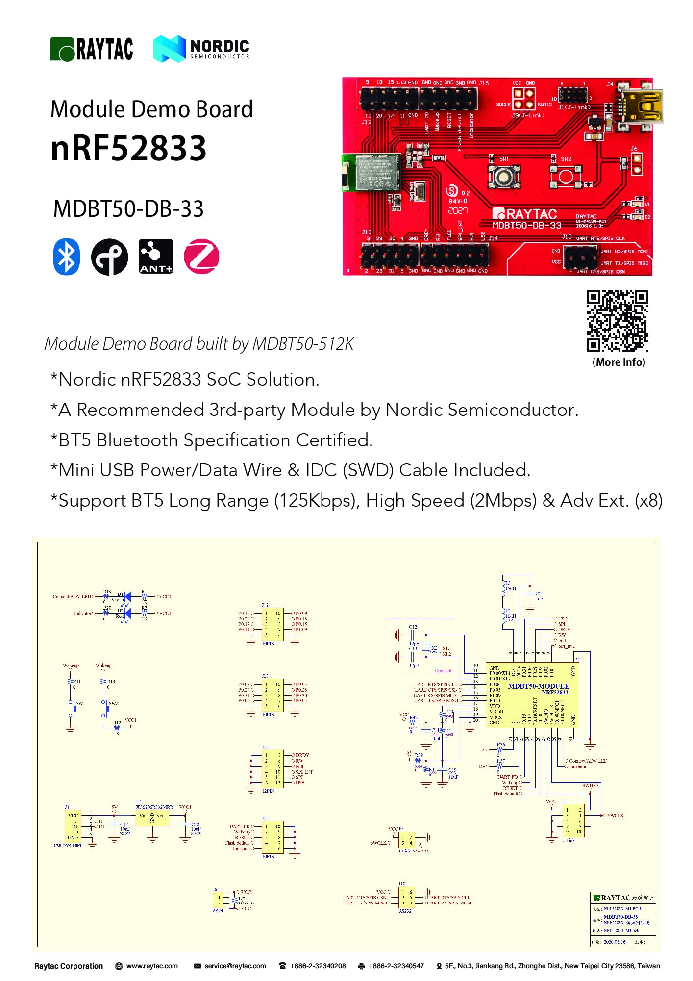 MDBT50-DB Nordic nRF52833 Module Demo Board Dev Kit 18 GPIO Bluetooth Module BT5.2 FCC IC CE Telec KC SRRC (Chip Antenna)