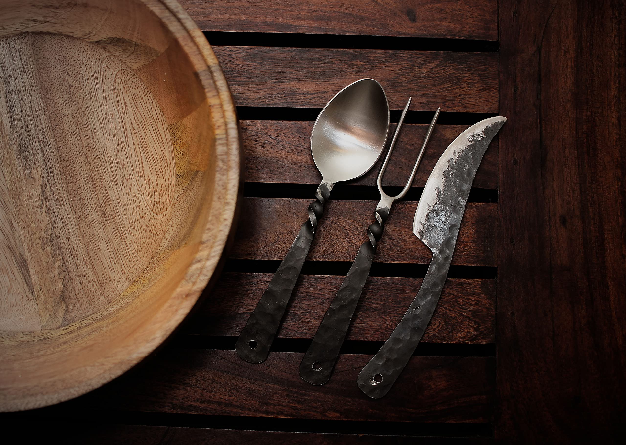 Handforged Medieval Cutlery Set - Stainless Steel Knife, Fork and Spoon Set - Includes Genuine Leather Utensil Pouch