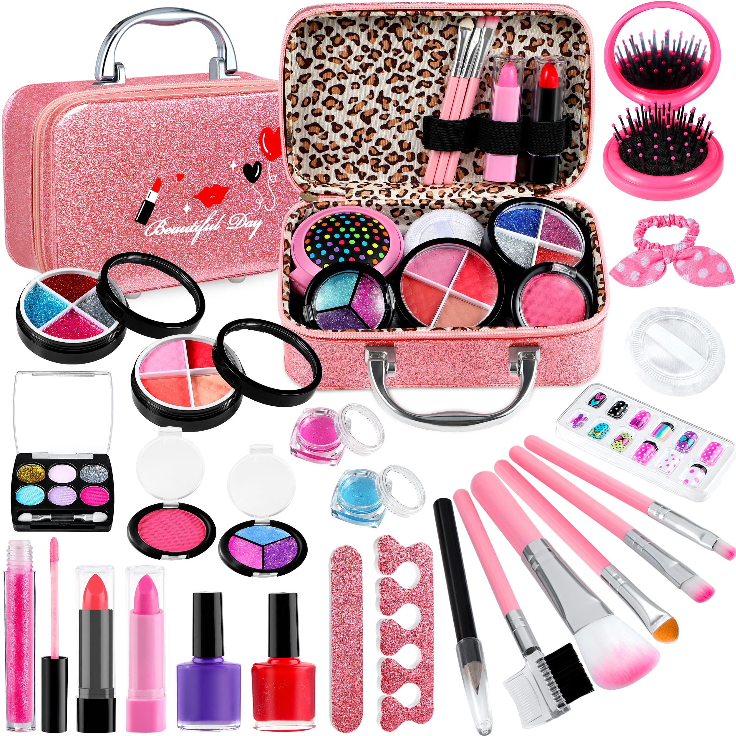 GIFTINBOX Kids Makeup kit for Girls, 25 PCS Real Makeup Set, Washable Makeup Set Toy with Cosmetic Case, Non-Toxic Little Girls Makeup Kit, Pretend Makeup for Toddler Kid Girls 5 6 7 8 9 10 Year Old…