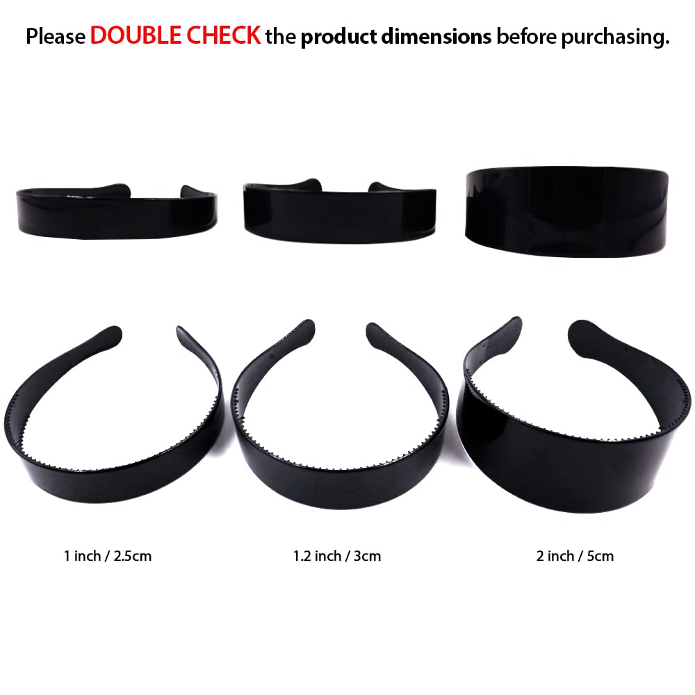 2 Pcs Headbands Hard Strong Hold Bendable Lightweight Non-Slip with Inner Teeth Fashionable Beauty Accessories for Women Girls (1 inch/2.5cm - Black)