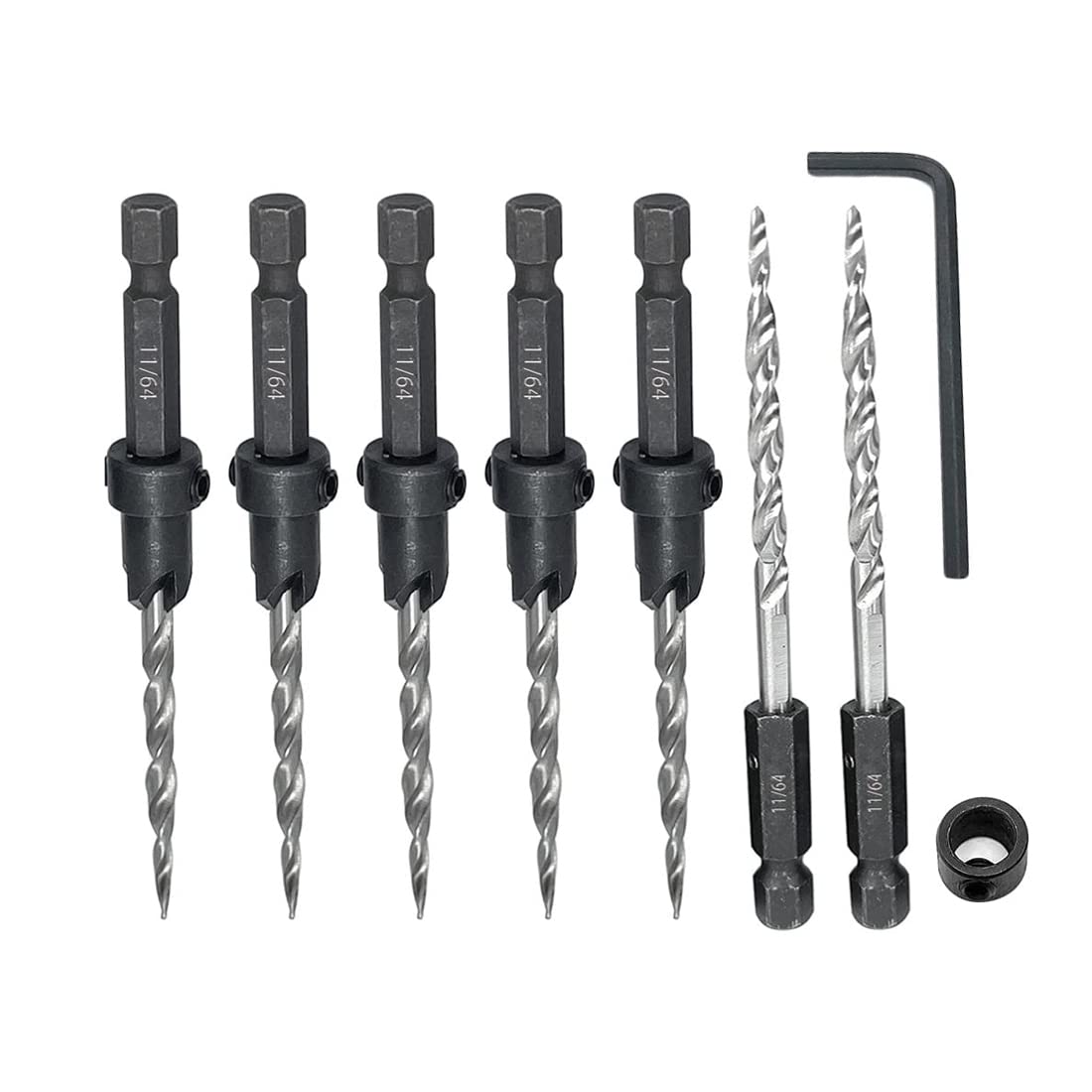 SeonFook Countersink Drill Bit Set 5PCS 11/64" Wood Countersink Drill Bit with 2PCS Extra Tapered Drill Bit, 1 Stop Collar, 1 Hex Wrench, Countersink Drill Bit for Woodworking