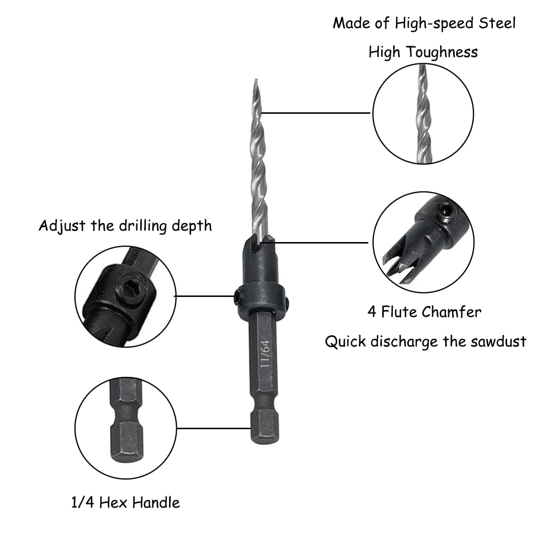 SeonFook Countersink Drill Bit Set 5PCS 11/64" Wood Countersink Drill Bit with 2PCS Extra Tapered Drill Bit, 1 Stop Collar, 1 Hex Wrench, Countersink Drill Bit for Woodworking