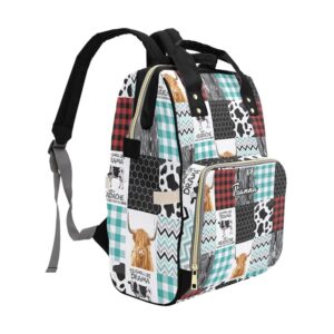 XOZOTY Highland Cow Patchwork Diaper Bags with Name Waterproof Mummy Backpack Nappy Nursing Baby Bags Gifts Tote Bag for Women