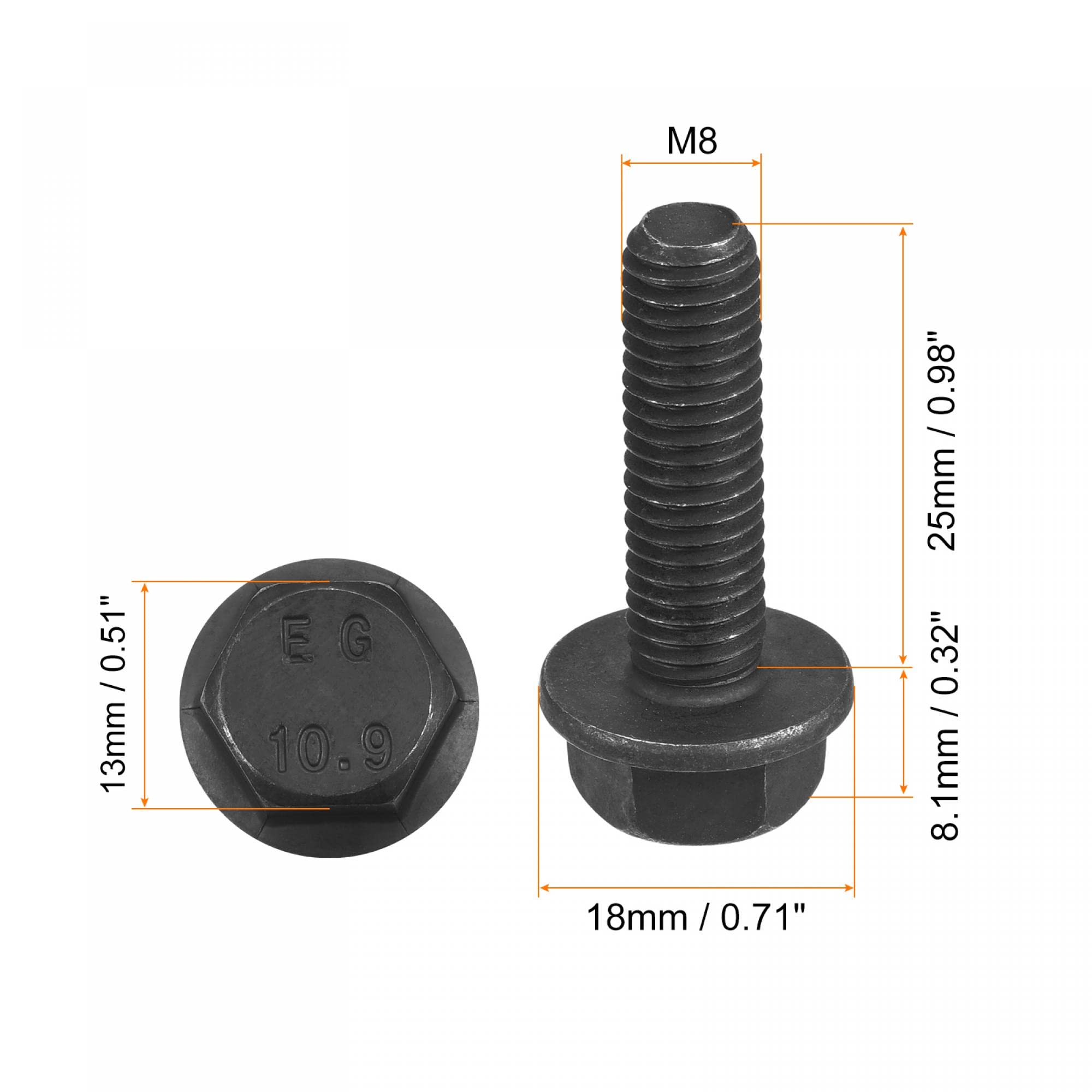 uxcell Metric M8x25mm Hex Flange Bolts, 10pcs 10.9 Grade Carbon Steel Hexagon Head Screws