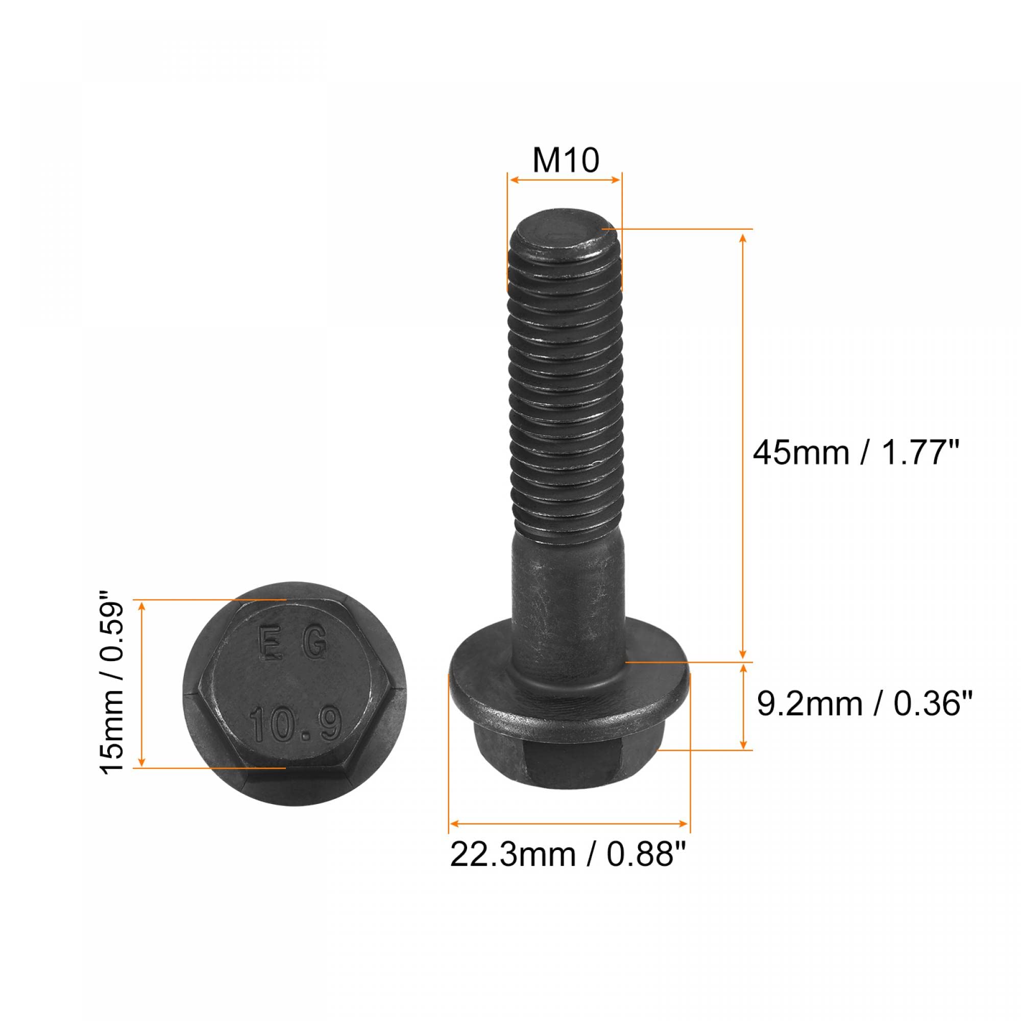 uxcell Metric M10x45mm Hex Flange Bolts, 3pcs 10.9 Grade Carbon Steel Hexagon Head Screws