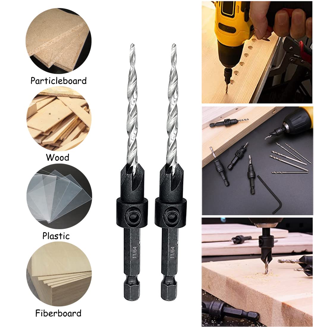 SeonFook Countersink Drill Bit Set 5PCS 11/64" Wood Countersink Drill Bit with 2PCS Extra Tapered Drill Bit, 1 Stop Collar, 1 Hex Wrench, Countersink Drill Bit for Woodworking