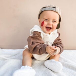 Ayalinggo Baby Sweatshirt Onesie Oversized Romper Crewneck Pullover Hoodie Sweater Infant Boy Girl Fall Winter Outfit (White&Brown BUBS,6-12 Months)