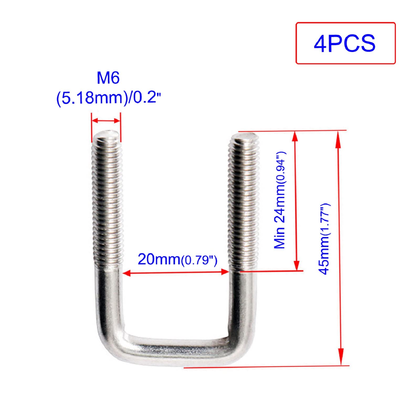 U Bolt, 4 Sets 0.8" (20mm) Inner Width 304 Stainless Steel M6 Square U-Bolt with Plate Screw Nut Fastener, Suitable for 17/18mm Pipe, Boats, and Other Home and Industrial Applications