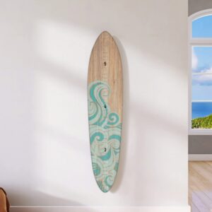 headwaters studio surfboard wooden growth chart for wall - kids height wall chart wood, growth chart for kids decorative surfboard for playroom (9.5" wide x 45" tall) wood with teal wave