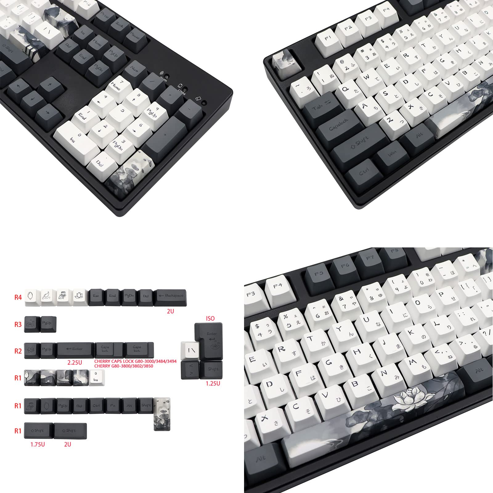 Ink Lotus Keycaps OEM Height PBT Sublimation Japanese Keycap for gk61/68/87/96/98/108 Mechanical Gaming Keyboard Key Cap Ink Lotus keycaps Set 140 Keys keycap