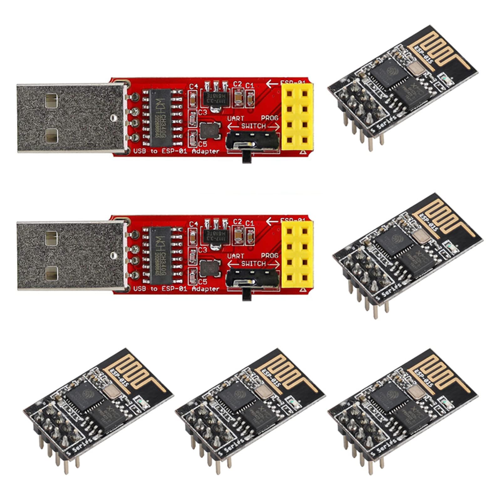 Wishiot 2pcs Esp8266 Esp-01 USB Adapter Programmer + 5pcs ESP8266 ESP-01S WiFi Module 4MB Wireless Serial Transceiver