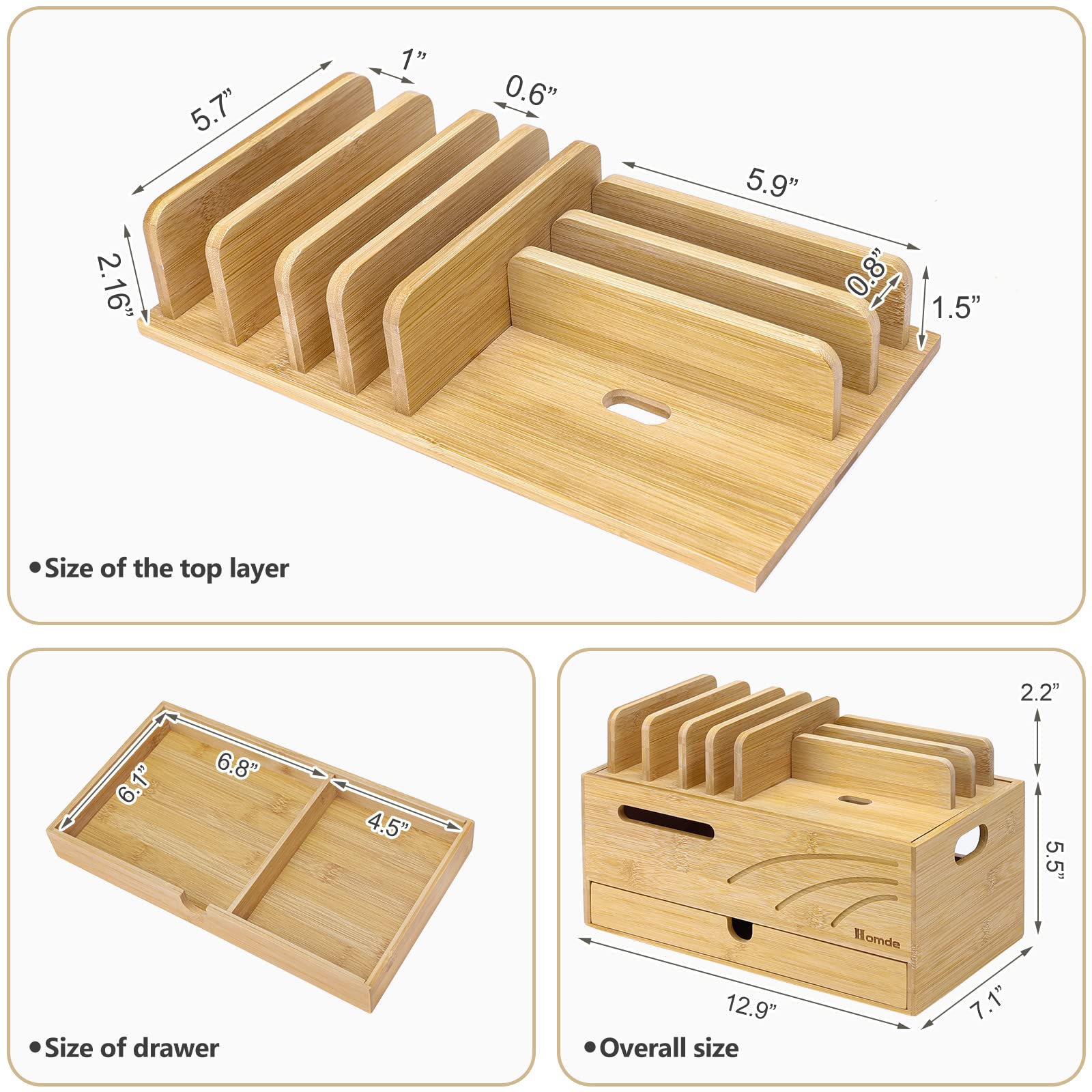 Homde Natural Bamboo Charging Station Rack for Multiple Devices Cable Cord Management Box Organizer Holder with 6 Slots Drawer for Chargers Phones Tablets Watches Electronics (Natural)