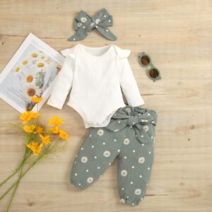 Thorn Tree Newborn Baby Girl Clothes Set Ribbed Long Sleeve Crewneck Romper Top Foral Pants Headband Winter Outfits (White & Daisy,0-6 Months)