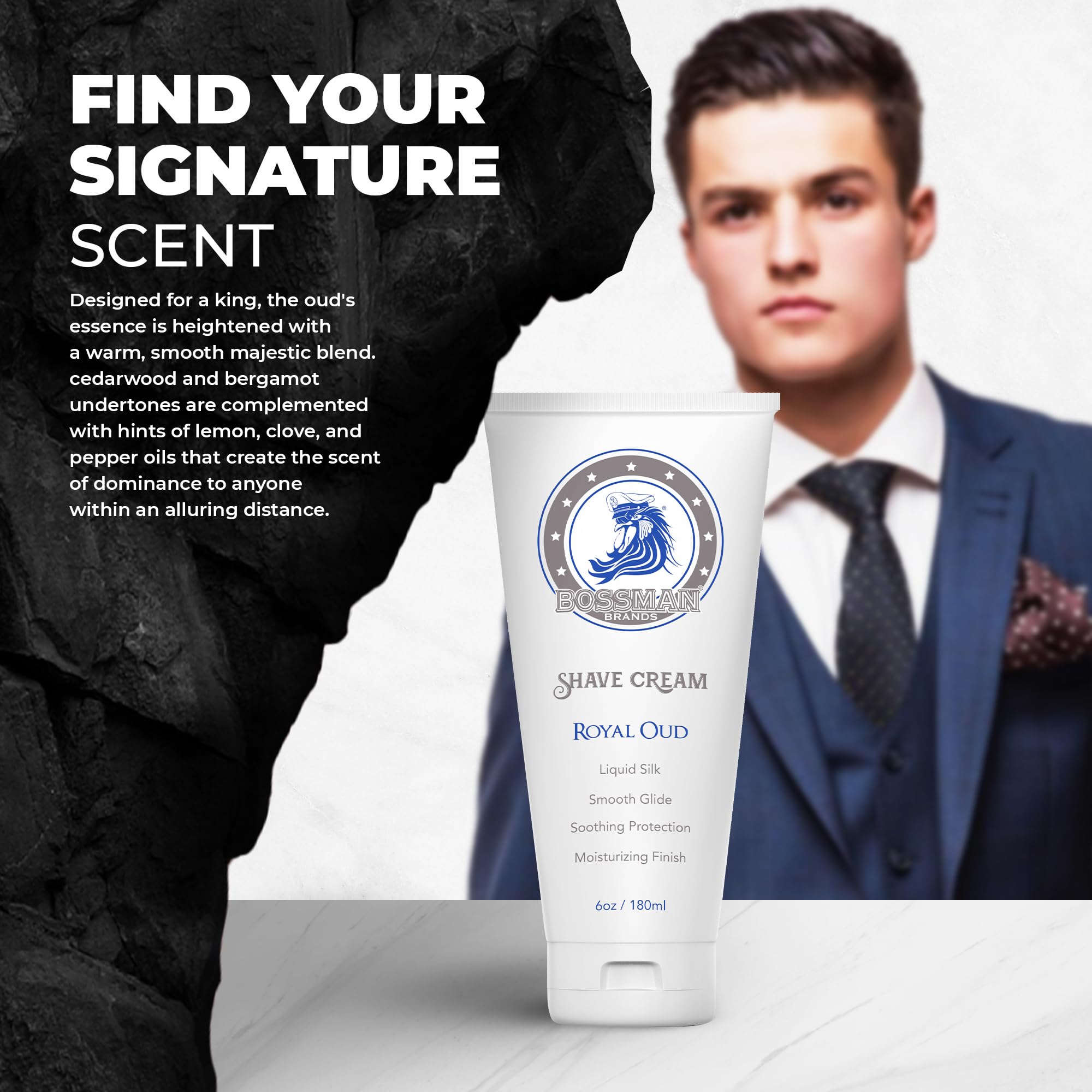 Bossman Liquid Silk Shaving Cream - Travel Shave Cream Sensitive Skin, Smooth Glide, Soothing Protection, Moisturizing Finish (Royal Oud Scent)