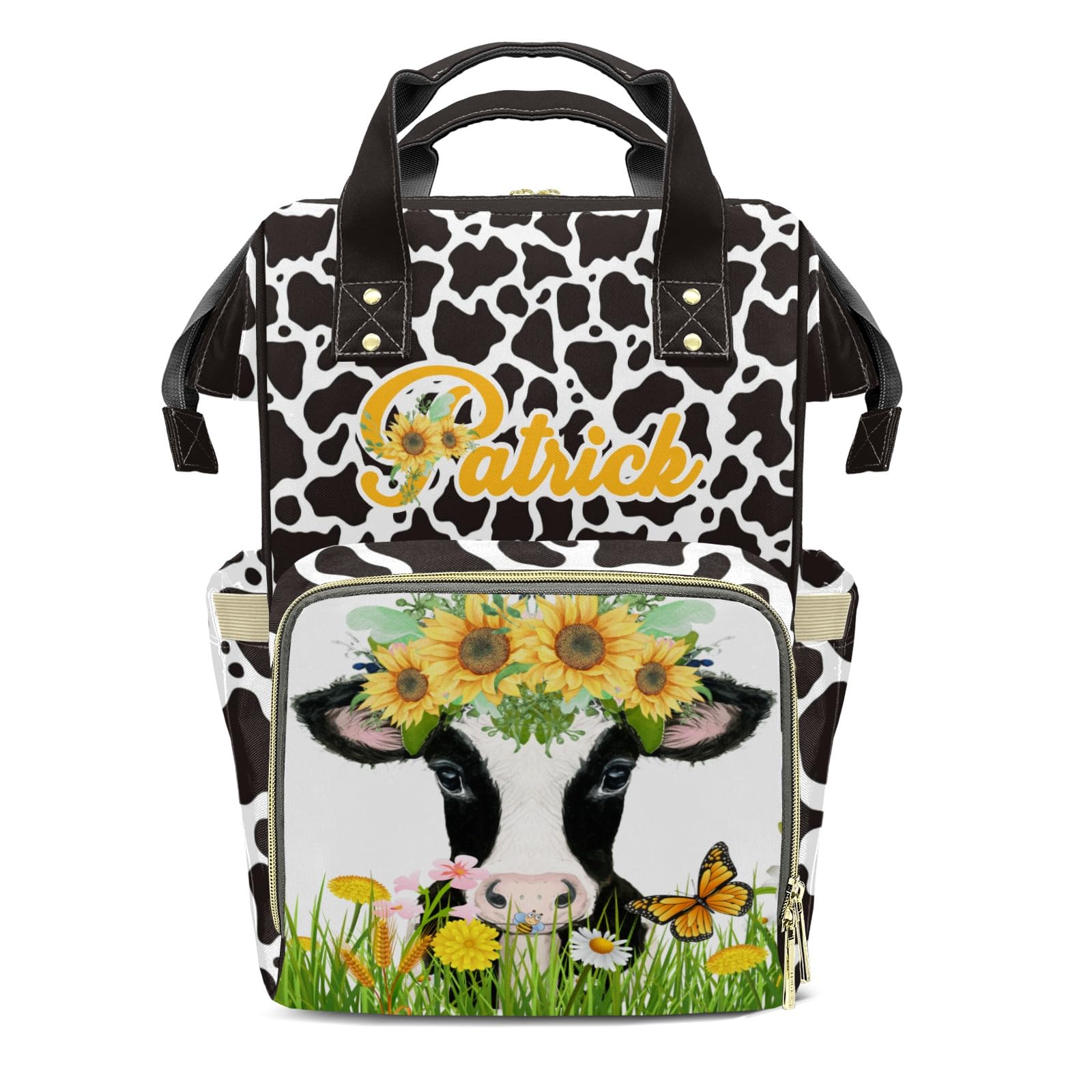 XOZOTY Diaper Bags Sunflower Cow Print Flower Brown Tote Bags Backpack with Name Mommy Nursing Baby Bags Gifts for Women Men