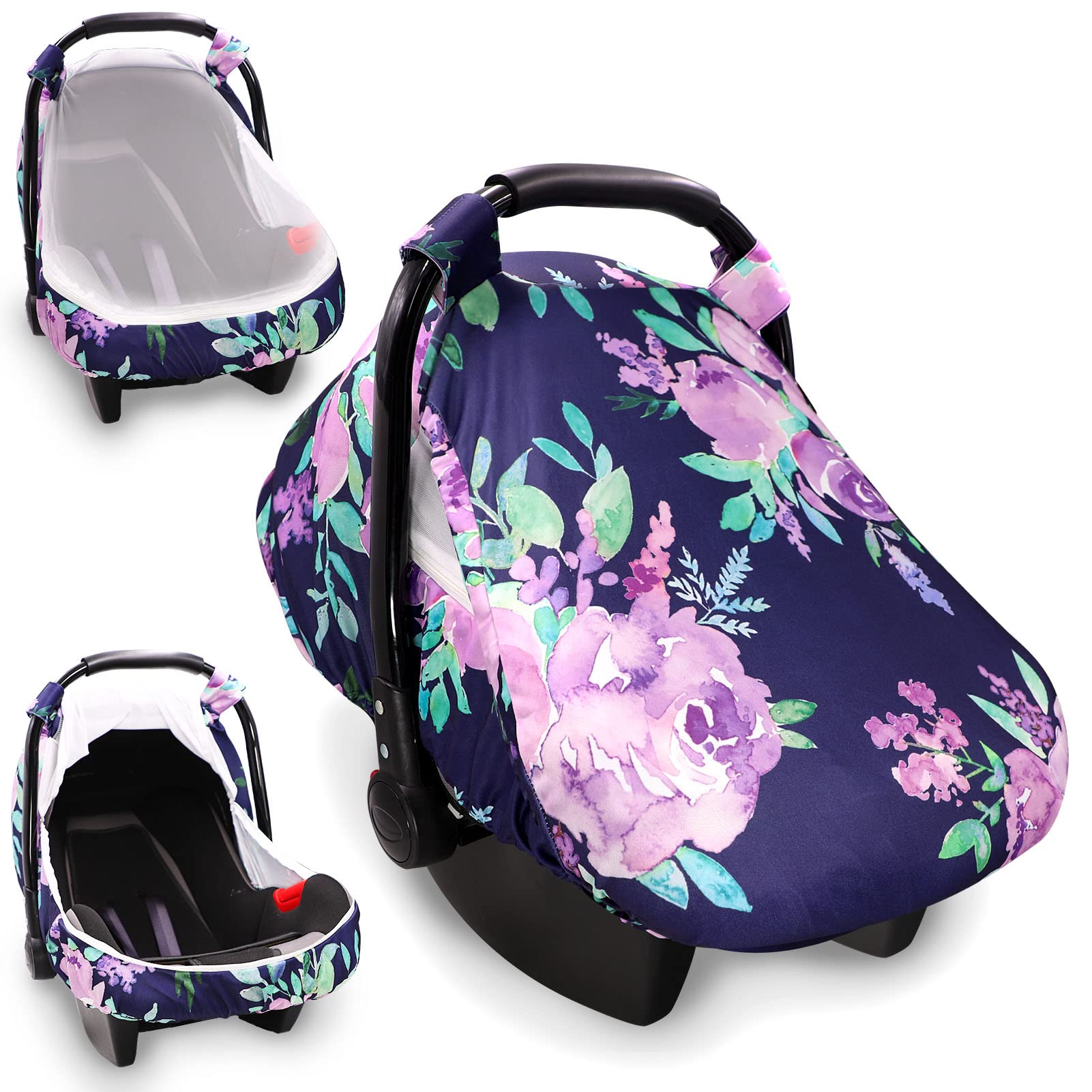 Summer Cozy Sun & Warm Cover, 2PACK Baby Carseat Cover Boys Girls, Privacy Carseat Canopy Protect Newborn, Purple Flower Set