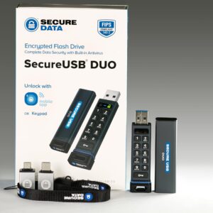 SecureData SecureUSB Duo 16GB Hardware Encrypted USB 3.0 Flash Drive FIPS 140-2 Level 3 Unlock via Keypad or Phone app TAA Compliant, CJIS, HIPAA, CMMC, GDPR Compliant, Works with Mac and Win Free AV