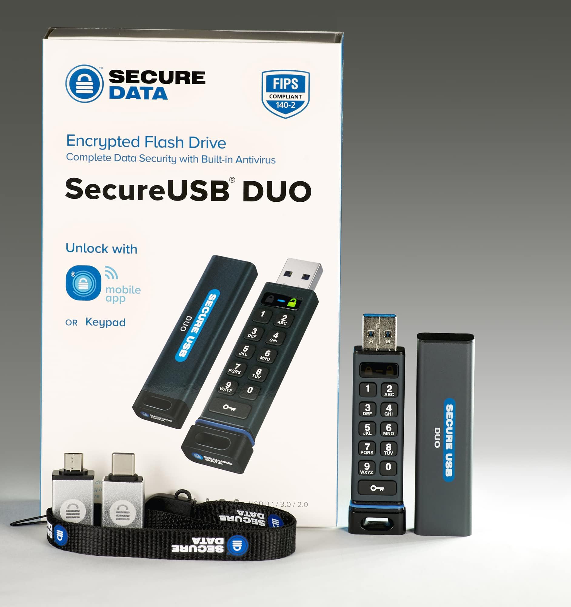 SecureData SecureUSB Duo 16GB Hardware Encrypted USB 3.0 Flash Drive FIPS 140-2 Level 3 Unlock via Keypad or Phone app TAA Compliant, CJIS, HIPAA, CMMC, GDPR Compliant, Works with Mac and Win Free AV