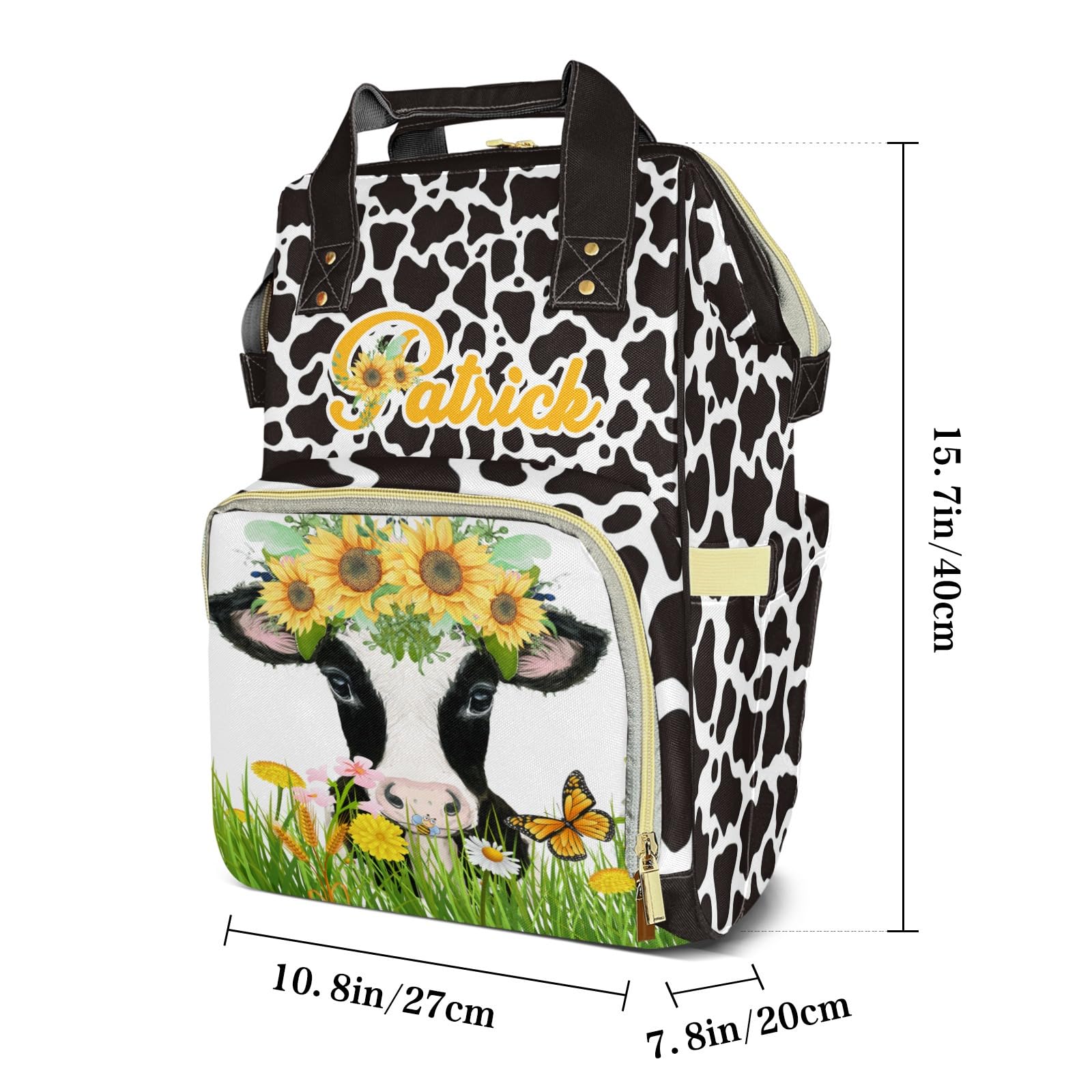 XOZOTY Diaper Bags Sunflower Cow Print Flower Brown Tote Bags Backpack with Name Mommy Nursing Baby Bags Gifts for Women Men