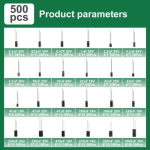 Uiusaur 0.1uF－1000uF Capacitors 24 Value 500pcs Individual Box Lid Electrolytic Capacitor Assortment Kit for Industrial Electrical and Arduino，TV, LCD Monitor, Radio, Stereo, Game, Water Heater, etc.