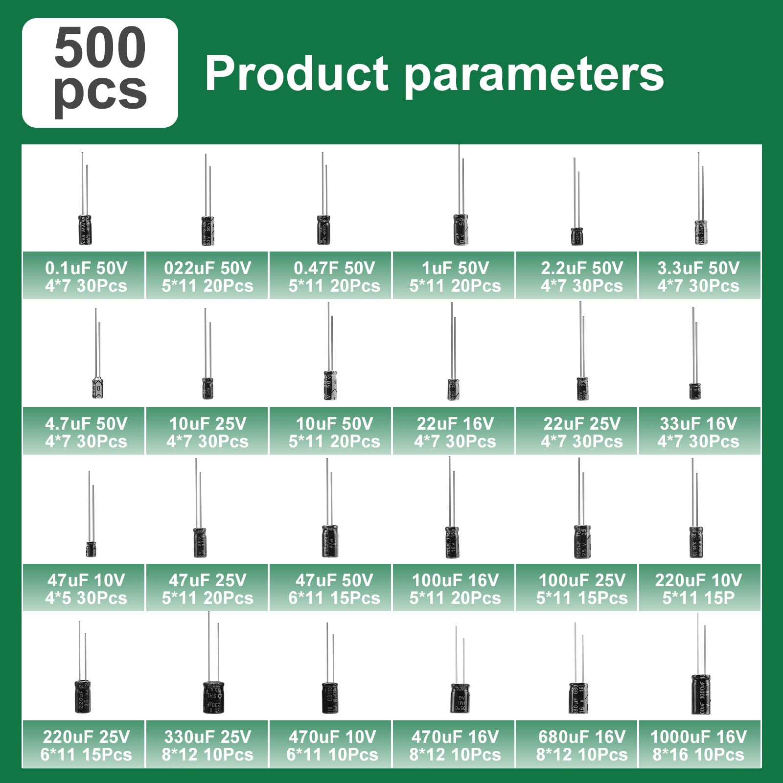 Uiusaur 0.1uF－1000uF Capacitors 24 Value 500pcs Individual Box Lid Electrolytic Capacitor Assortment Kit for Industrial Electrical and Arduino，TV, LCD Monitor, Radio, Stereo, Game, Water Heater, etc.