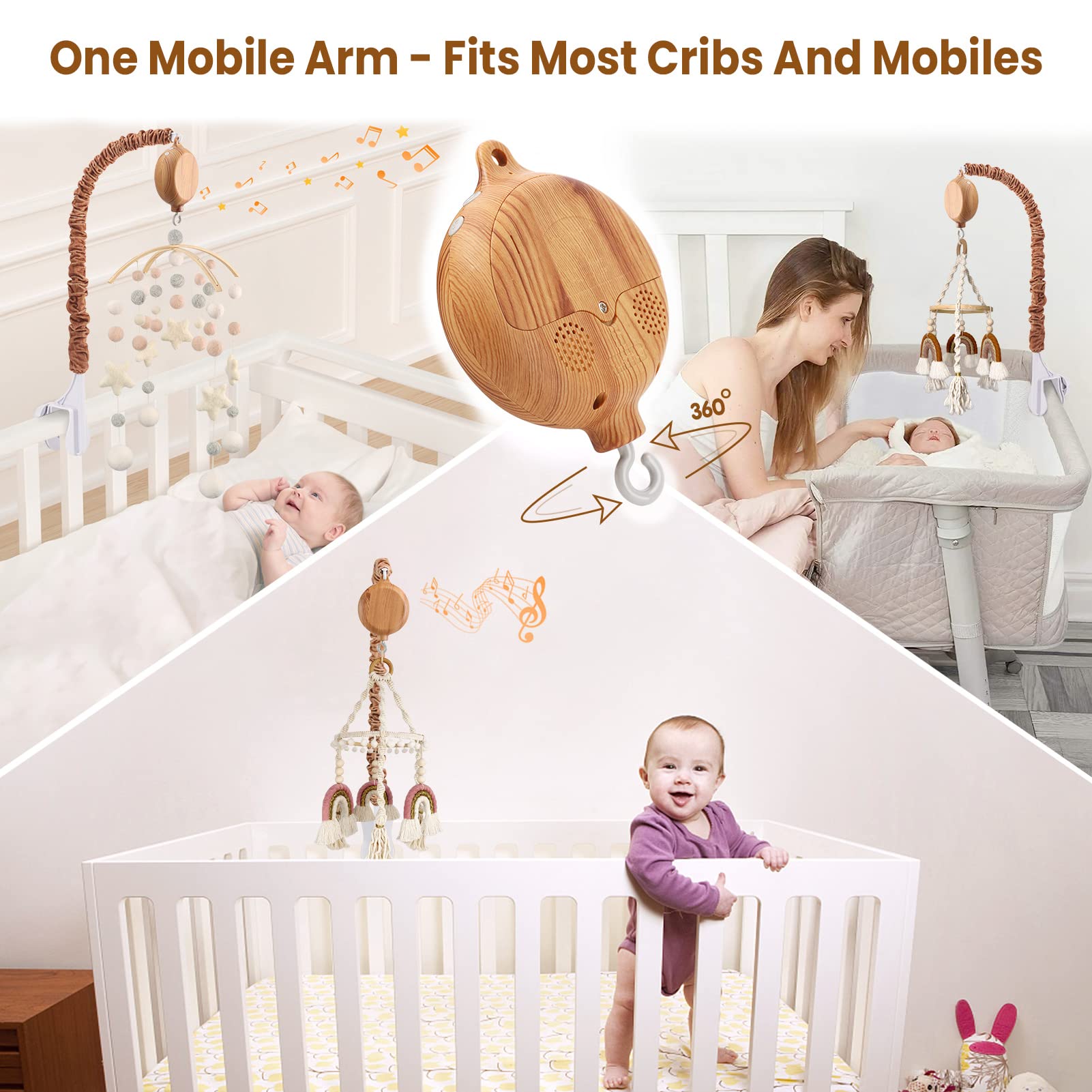 Crib Mobile Arm with Music Box - 25 Inch Universal Mobile Arm for Crib - 35 Lullabies, Volume Control, Mobile Hanger for Crib with Washable Arm Cover - Crib Toys Attachments (Imitation Wood Color)