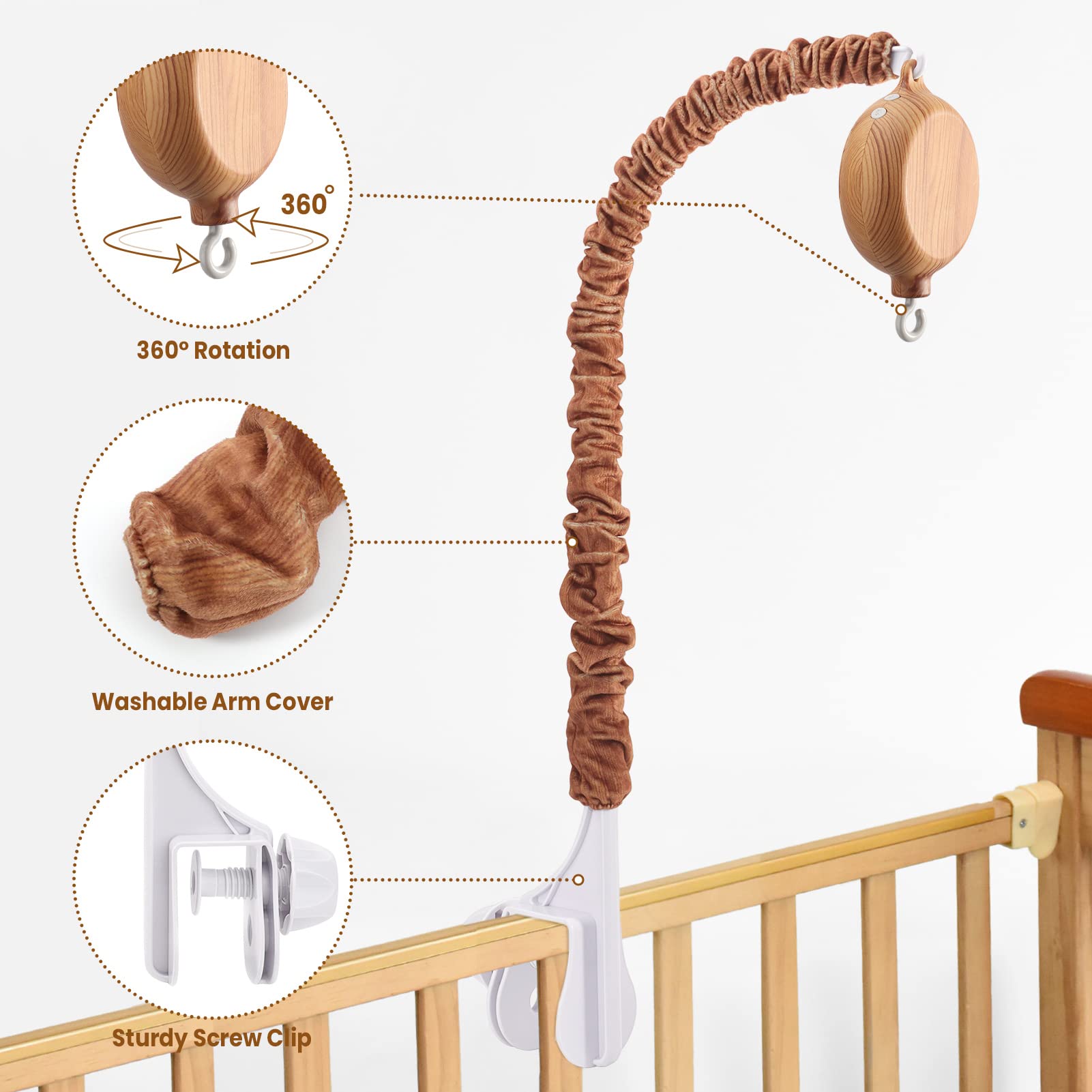 Crib Mobile Arm with Music Box - 25 Inch Universal Mobile Arm for Crib - 35 Lullabies, Volume Control, Mobile Hanger for Crib with Washable Arm Cover - Crib Toys Attachments (Imitation Wood Color)