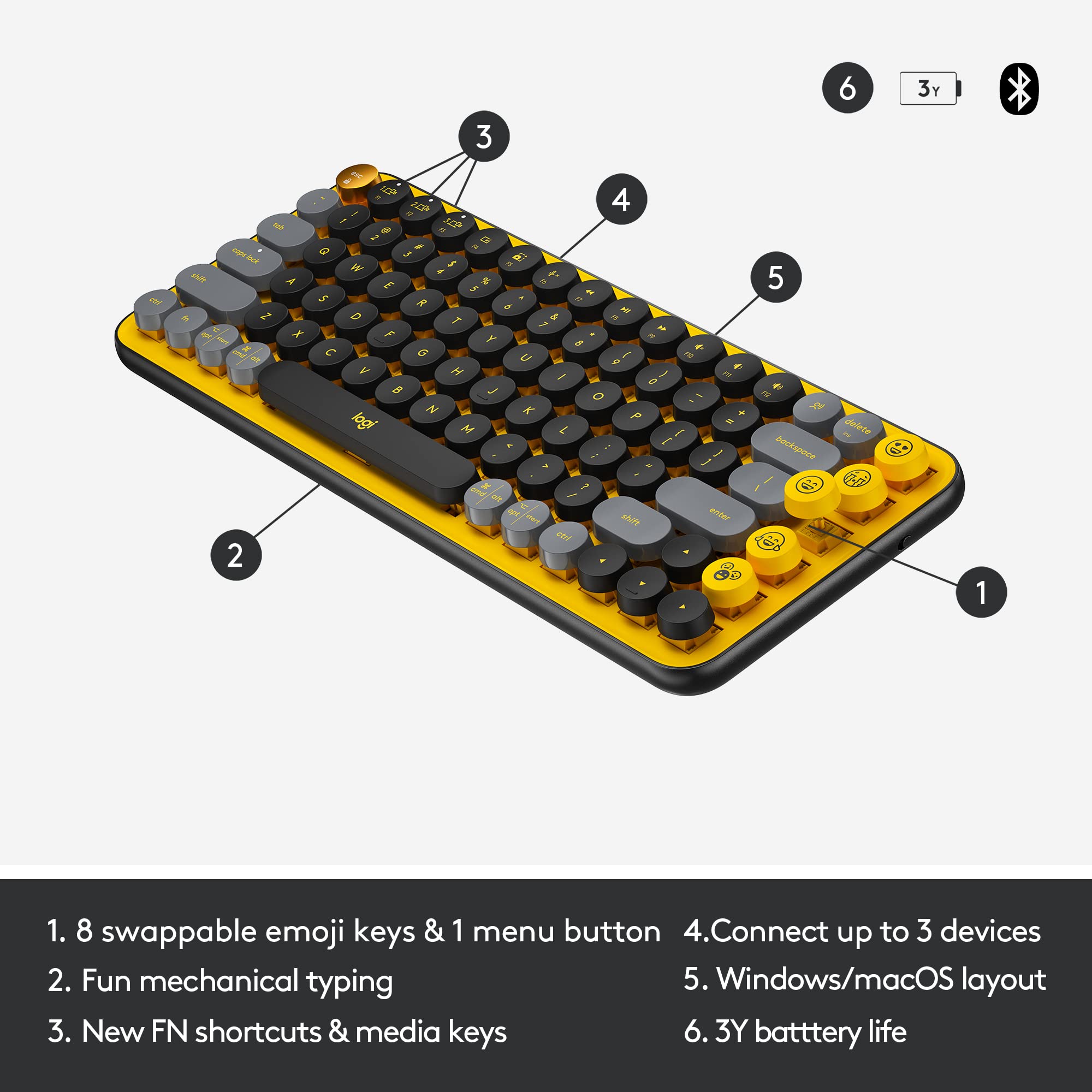 Logitech POP Keys Mechanical Wireless Keyboard with Customizable Emoji Keys, Durable Compact Design, Bluetooth or USB Connectivity, Multi-Device, OS Compatible - Blast Yellow (Renewed)