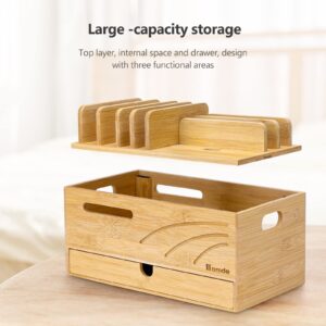 Homde Natural Bamboo Charging Station Rack for Multiple Devices Cable Cord Management Box Organizer Holder with 6 Slots Drawer for Chargers Phones Tablets Watches Electronics (Natural)