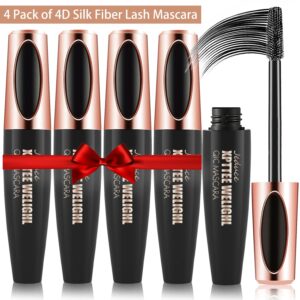 4 Pack 4D Silk Fiber Lash Mascara Extension Voluminous Fiber Mascara Waterproof & Smudge-Proof Mascara Long-Lasting No Flaking Natural No Clumping,All Day Exquisitely Full