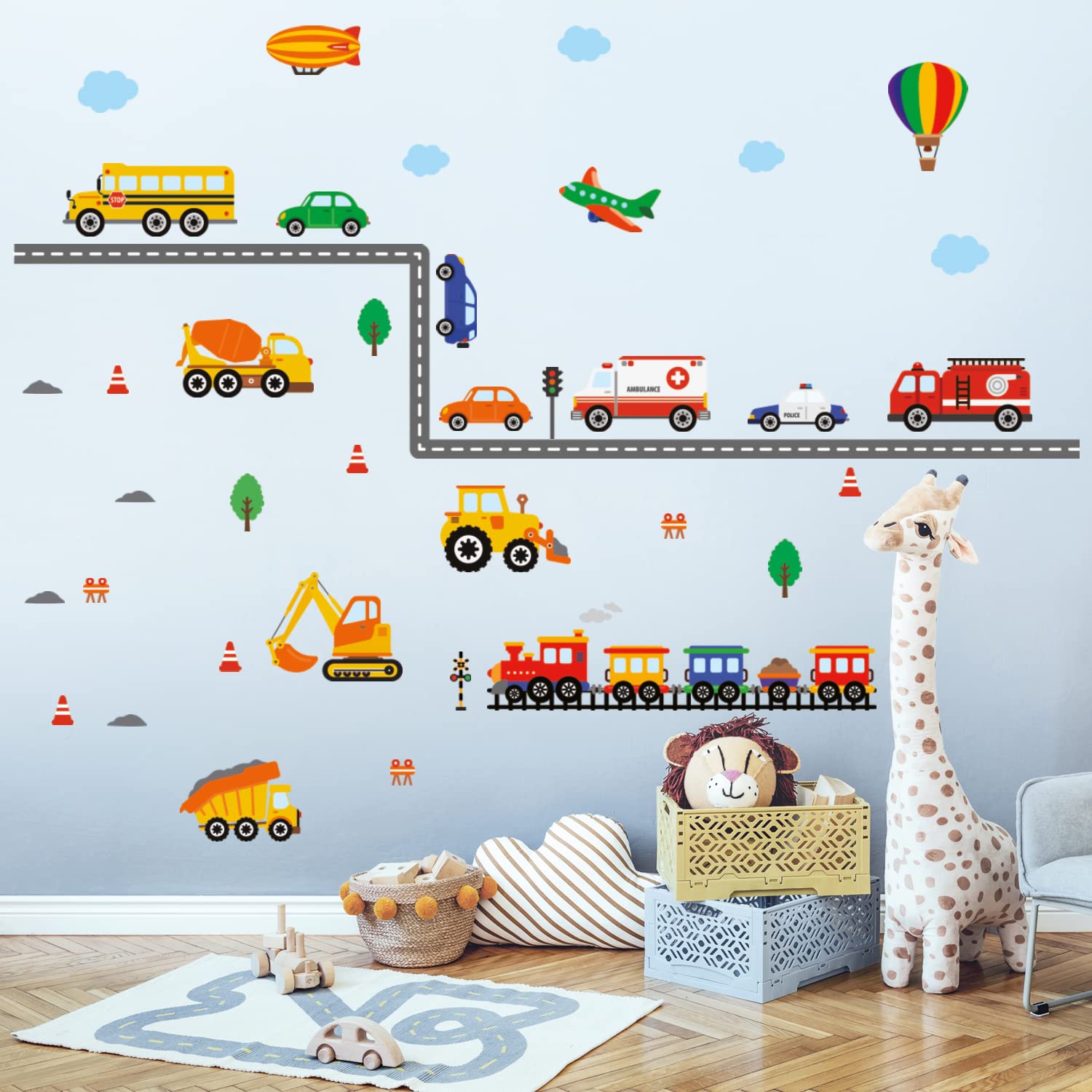 DECOWALL DS-8047 Transports Wall Decals Stickers Kids Peel and Stick Removable Nursery Bedroom Living Construction Boys Childrens Toddler car d?cor playroom playroom Vehicles Truck City Road Baby