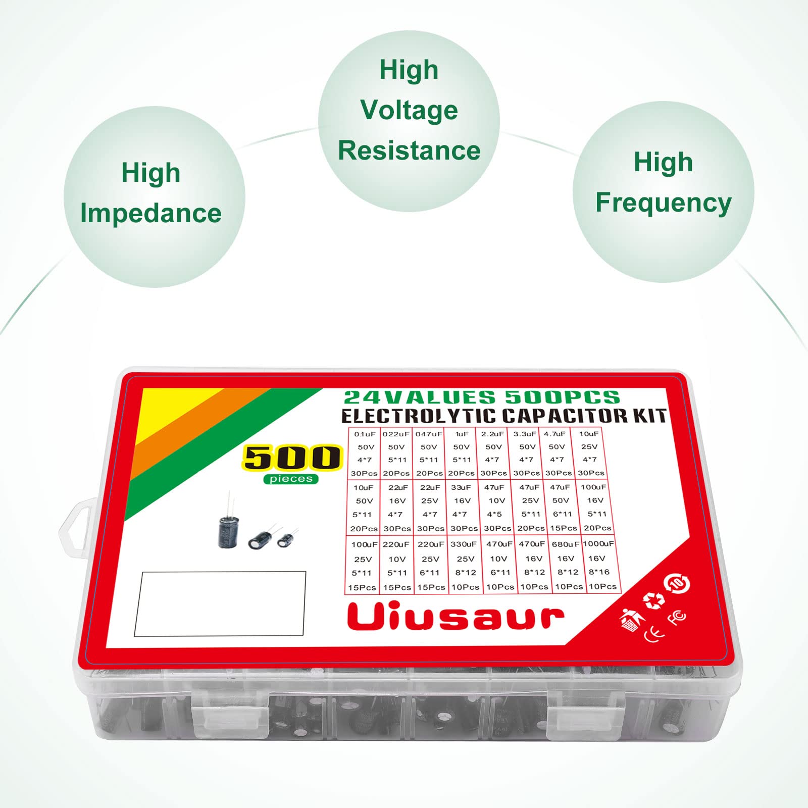 Uiusaur 0.1uF－1000uF Capacitors 24 Value 500pcs Individual Box Lid Electrolytic Capacitor Assortment Kit for Industrial Electrical and Arduino，TV, LCD Monitor, Radio, Stereo, Game, Water Heater, etc.