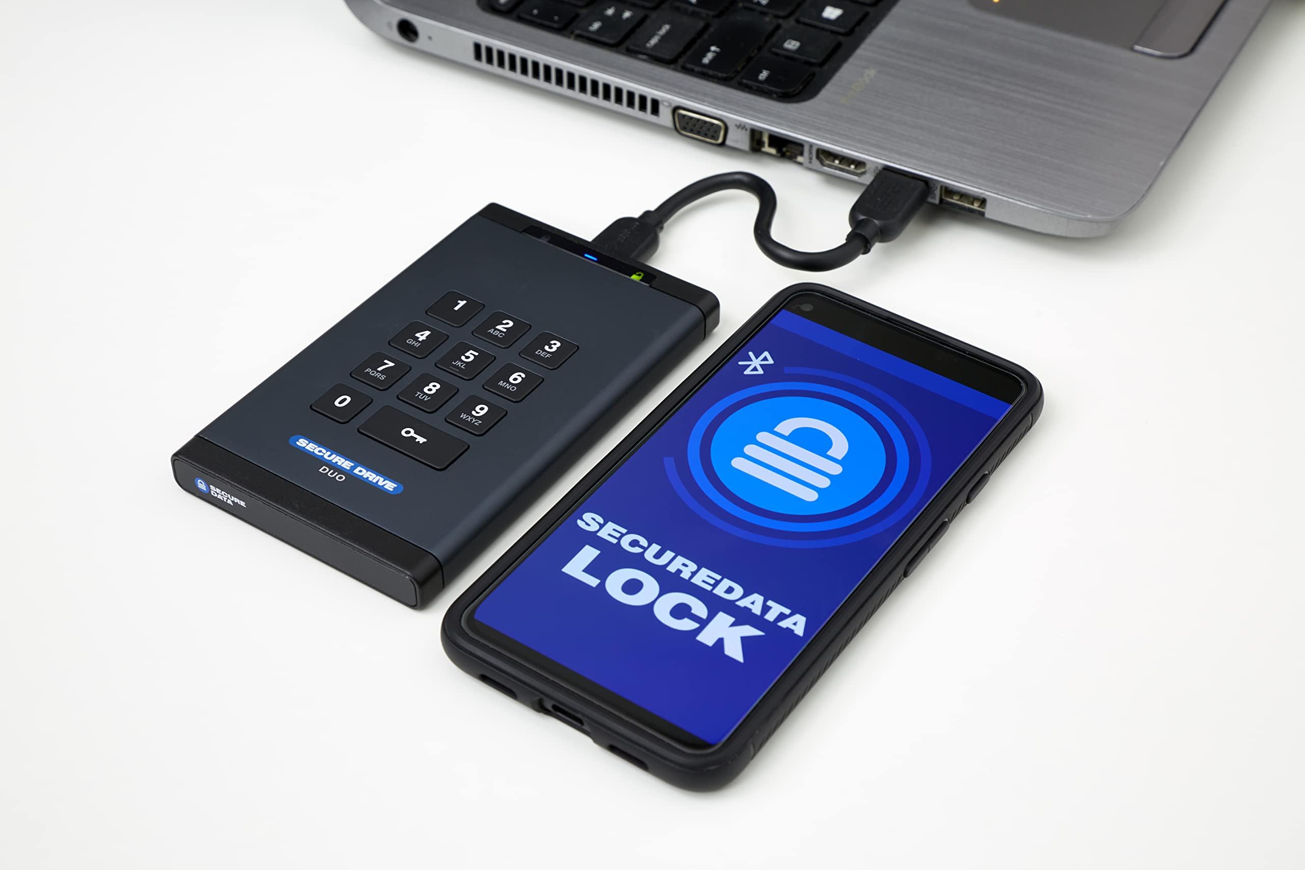 SecureData SecureDrive DUO 250 GB Encrypted External Hard Drive SSD FIPS 140-2 Level 3 Unlock via Keypad or Mobile TAA Compliant, CJIS, HIPAA, CMMC, GDPR Compliant | External Hard Drive Port : USB 3.0