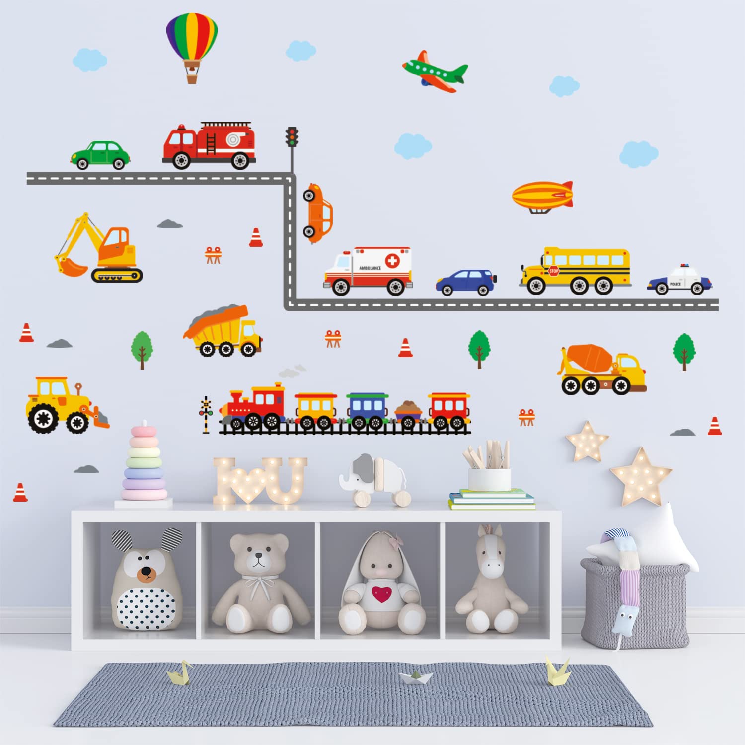 DECOWALL DS-8047 Transports Wall Decals Stickers Kids Peel and Stick Removable Nursery Bedroom Living Construction Boys Childrens Toddler car d?cor playroom playroom Vehicles Truck City Road Baby