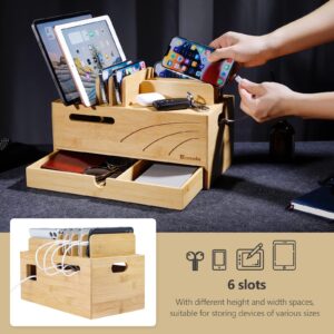 Homde Natural Bamboo Charging Station Rack for Multiple Devices Cable Cord Management Box Organizer Holder with 6 Slots Drawer for Chargers Phones Tablets Watches Electronics (Natural)