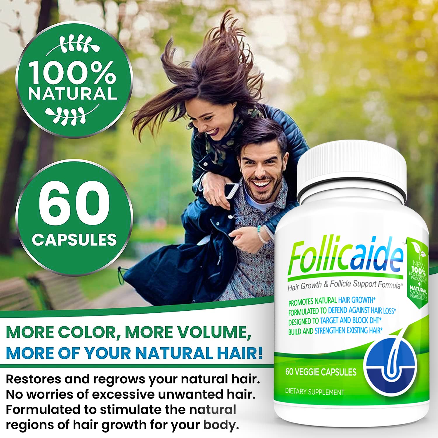 Follicaide Men and Women Hair Growth Vitamin Hair Supplement with Natural Ingredients for Stopping Hair Loss, Thinning, Shedding and Balding | High Potency | Effective All Hair Types, 60 Ct (ECO PACK)